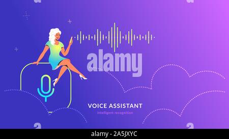 Voice assistant and speech recognition mobile app. Concept modern vector illustration of young woman sitting in the sky on microphone app, using smart Stock Vector