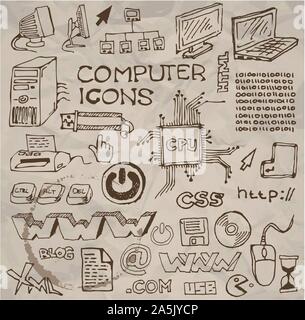 Set of hand-drawn computer icons on crumpled paper (vector) Stock Vector