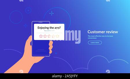 Rate our mobile app concept vector gradient illustration of human hand holding smartphone with white mobile banner on the screen. Customer feedback an Stock Vector