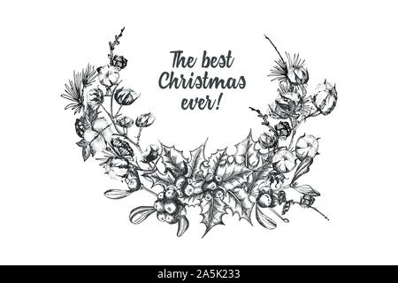 Hand drawn botanical sketch garland with christmas plants branches. Vintage style. Traditional holiday decoration. For design festive card, invitation Stock Vector