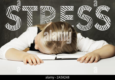 Sad Tired schoolgirl with books. Stress concept Stock Photo