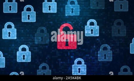 Red open padlock icon among closed padlocks on digital screen Stock Photo