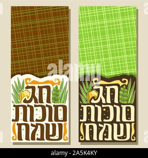 Vector vertical banners for jewish holiday Sukkot with copy space, four species of festive food - citrus etrog, palm branch, willow and myrtle, origin Stock Vector