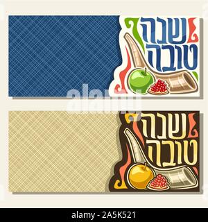 Vector banners for jewish holiday Rosh Hashanah with copy space, ritual shofar, healthy kosher food - red and green apple, slice of pomegranate, origi Stock Vector