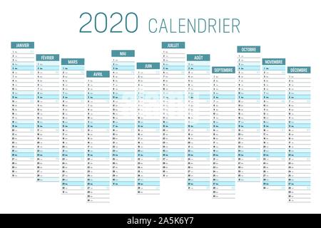Year 2020 one page unaligned calendar, in French language, blue colored on white background. Vector template. Stock Vector