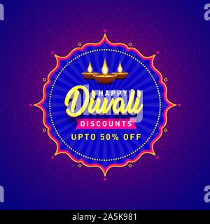 Happy Diwali Discounts Upto 50% Off Banner. Indian Festival of Light, Sale Offer, Logo design, Sticker, Concept, Greeting Card Template, Icon, Poster Stock Vector