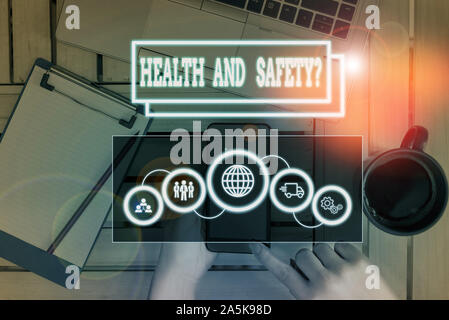 Conceptual hand writing showing Health And Safety Question. Concept meaning regulations and procedures to prevent accident or injury Picture photo net Stock Photo