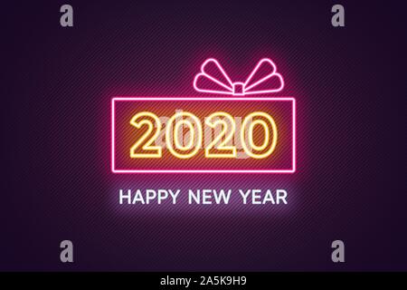 Happy New 2020 Year, Neon sign of Holiday Greeting. Neon Composition with Gift Box frame, 2020 Number and Text. Festive Banner, Poster, Card. Yellow a Stock Vector