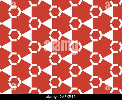 Vector seamless geometric pattern. Shaped white hexagons and triangles on red background. Stock Vector