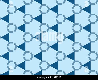 Vector seamless geometric pattern. Shaped dark blue hexagons and triangles on light blue background. Stock Vector