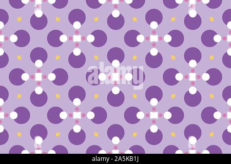 Vector seamless geometric pattern. Shaped circles, squares and diamonds in purple, pink and yellow colors. Stock Vector