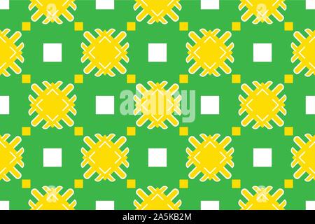 Vector seamless geometric pattern. Shaped white and yellow squares, lines and green background. Stock Vector
