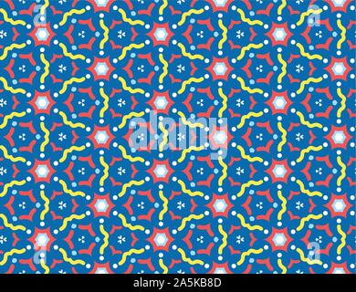 Vector seamless geometric pattern. White, light blue, red, yellow wavy lines, shapes on blue background. Stock Vector