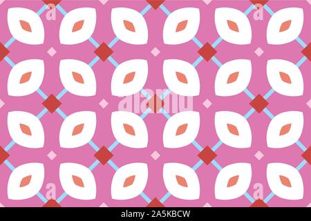 Vector seamless geometric pattern. Shaped squares, lines and rounded diamonds in white, brown, blue, red colors on pink background. Stock Vector
