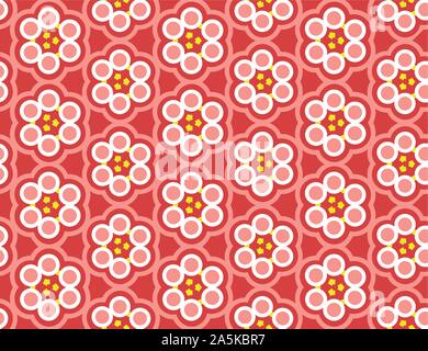 Vector seamless geometric pattern. Shaped flowers, circles, arrows in yellow, white and red colors. Stock Vector