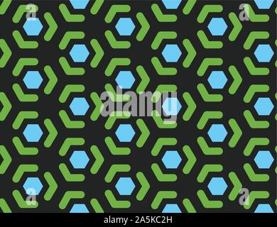 Vector seamless geometric pattern. Shaped blue hexagons, green lines, arrows on black background. Stock Vector