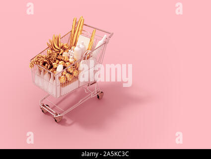 Shopping Cart With White Goods And Gold Products On Pink Background. 3D Illustration. Stock Photo