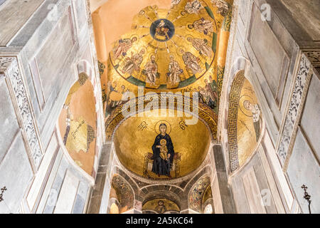 Distomo, Greece. Virgin with child mosaic at Hosios Loukas, a historic walled Byzantine monastery Stock Photo