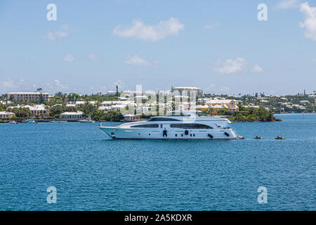 White Yacht and Houses in Bermuda Stock Photo