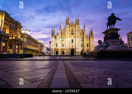 Sunrise at the Piazza Del Duomo, including the cathedral, Milan, Italy
