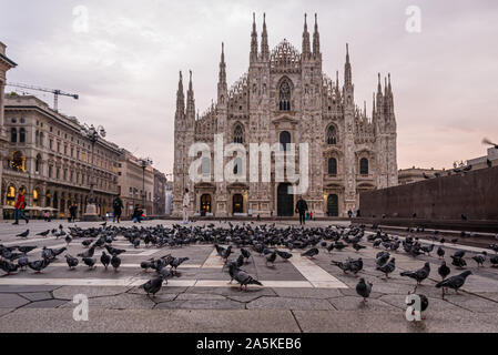Sunrise at the Piazza Del Duomo, including the cathedral, Milan, Italy Stock Photo