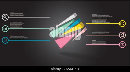 3D illustration infographic template with embossed cube randomly divided to six moved parts askew arranged Stock Vector