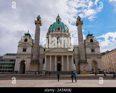 March 6 2019. Karlskirche church, Vienna, Austria. Baroque architecture. Dedicated to Saint Charles Borromeo. Beautiful outdoor shot. Stock Photo