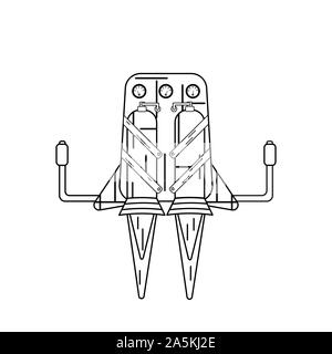 Jetpack drawn in lineart style isolated on a white background with fire escaping from its pipes. Stock Vector