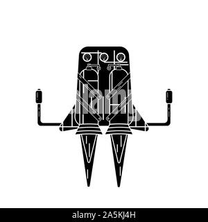 Silhouette of jetpack isolated on a white background with fire escaping from its pipes. Stock Vector