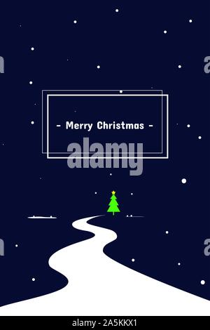 Christmas tree at the end of the road with snow falling in blue background - Vector illustration Stock Vector
