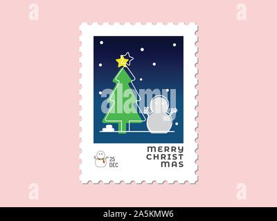 Christmas tree and snowman - Christmas stamp flat design for greeting card and multi purpose - Vector illustration Stock Vector