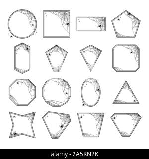 Halloween Frames set with spiderweb, hanging spiders sitting spiders. Various geometric shapes. Vector illustration design decorative elements. Isolated on white background Stock Vector