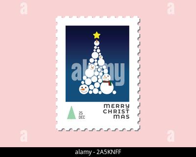 Christmas tree by snowman - Christmas stamp flat design for greeting card and multi purpose - Vector illustration Stock Vector