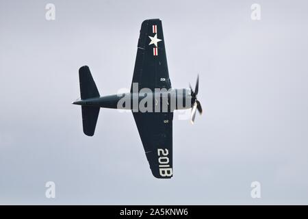 Grumman Bearcat F8F (G-RUMM) airborne at the Flying Legends airshow on the 14th July 2019 Stock Photo