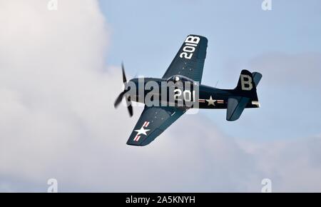 Grumman Bearcat F8F (G-RUMM) airborne at the Flying Legends airshow on the 14th July 2019 Stock Photo