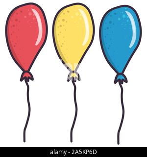 Cartoon set with yellow, red and blue balloon on white background. Anniversary, birthday. Vector collection of festive, holiday illustration. Stock Vector