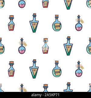 Vintage seamless pattern with set of different poison bottle for wallpaper design, fabric, wrapping paper. Halloween party. Hand drawn vector doodle chemistry. Stock Vector