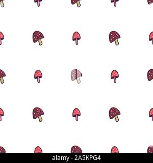 Beautiful doodle mushroom poison seamless pattern. Botanical drawing. Autumn vector background. Stock Vector