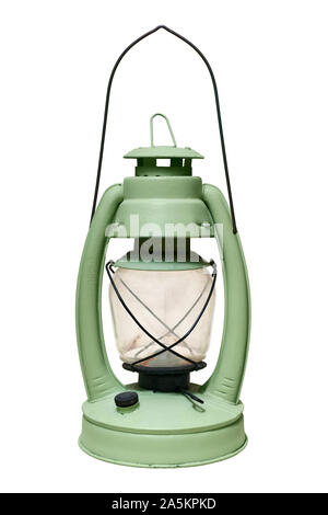 Isolated objects: green retro kerosene lamp, on white background Stock Photo