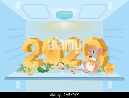2020 year of mouse. Cute cartoon rat holds cheese in the fridge background Stock Vector