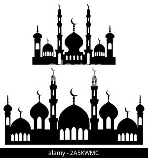 Illustration on theme different types mosques, minaret to celebration holiday Ramadan. Mosque pattern consisting of big set religious collection minar Stock Vector