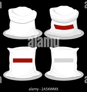 Illustration on theme big colored set different types bags, empty sacks various size. Sack pattern consisting of collection empty bag for organic heal Stock Vector