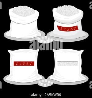 Illustration on theme set different types sacks filled cubes sugar, bags various sizes. Sack pattern consisting of collection bags cubes sugar for org Stock Vector