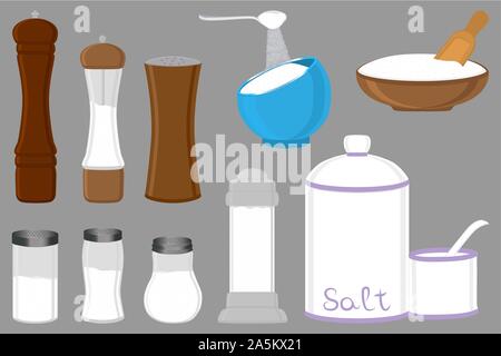 Illustration on theme big set different types shaker filled salty salt, bowl various size. Salty salt pattern consisting of collection bowl for cookin Stock Vector