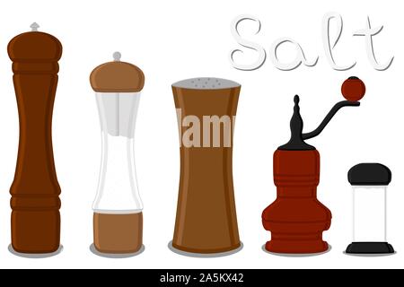 Illustration on theme big set different types glassware filled salt, mill various size. Salt pattern consisting of collection glassware mill for organ Stock Vector