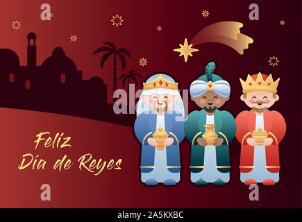 Feliz Dia de Reyes. Happy Day of Kings in Spanish. Cute cartoon characters of the Three Wise Men or Three Kings. Vector illustration. Stock Vector