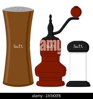 Illustration on theme big set different types glassware filled salt, mill various size. Salt pattern consisting of collection glassware mill for organ Stock Vector