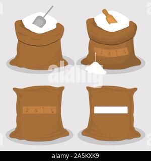Illustration on theme set different types sacks filled powder salt, bags various sizes. Sack pattern consisting of collection bags powder salt for org Stock Vector