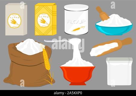 Illustration on theme big set different types dishware filled wheat flour. Wheat flour pattern consisting of collection dishware for organic cooking. Stock Vector