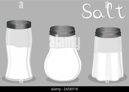 Illustration on theme big set different types glassware filled salt, shaker various size. Salt pattern consisting of collection glassware shaker for o Stock Vector